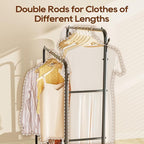 TigerParty Double Rods Clothes Rack for Hanging Clothes, Rolling Clothing Rack with Wheels, Freestanding Garment Racks with 2 Shelves for Bedroom Laundry Living Room