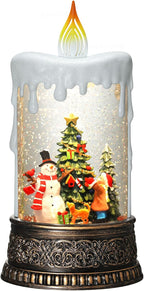 Christmas Snow Globe Candle Christmas Decorations Indoor Auto Snowfall Glitter Music Collection Snowman Child Tree with 6H Timer USB/Battery Powered 9.7 inch