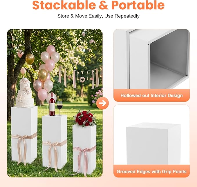 3Pcs Square Display Pedestal Stands Set for Party, Metal Display Stand Plinth Pillars, Cake Stands Pillars for Wedding Birthday Art Decor Risers, 11.8*31.5" (L), 11.02*25.6" (M), 10.24*23.6" (S)