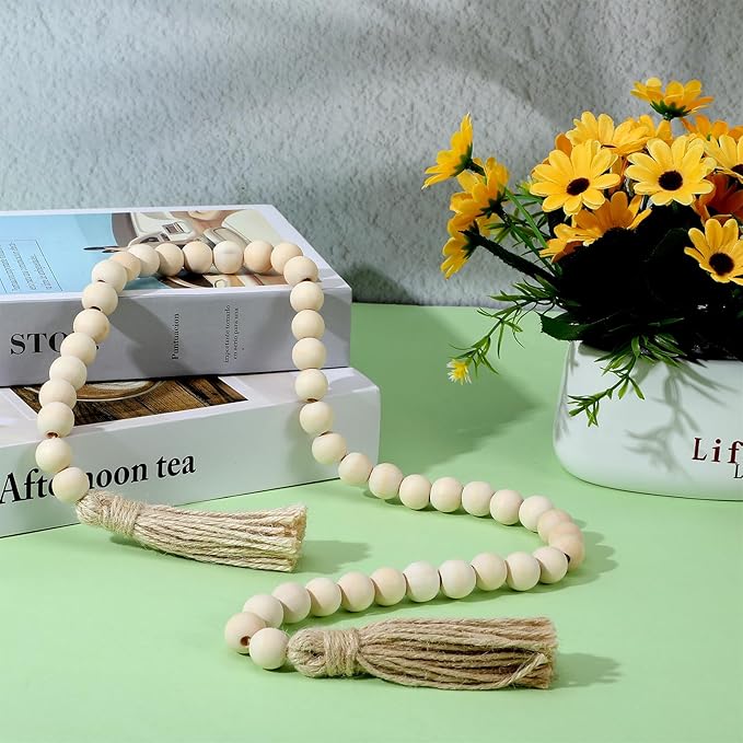 Wood Beads Garland with Tassels 33.86" Table Beads Natural Wooden Prayer Bead Rustic Country Boho Wall Hanging Decor for Boho Farmhouse Rustic Style Table Home Festival Decor