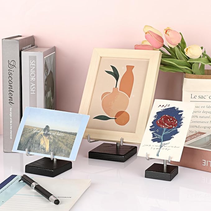 Hipiwe Adjustable Stainless Steel Arm Display Stand Easel with Wooden Base Rocks Crystal Display Easel Holder for Mineral Agate Gemstones Fossils Coral Geodes Plate and Photo, 3.1"x3.1"x4.9"