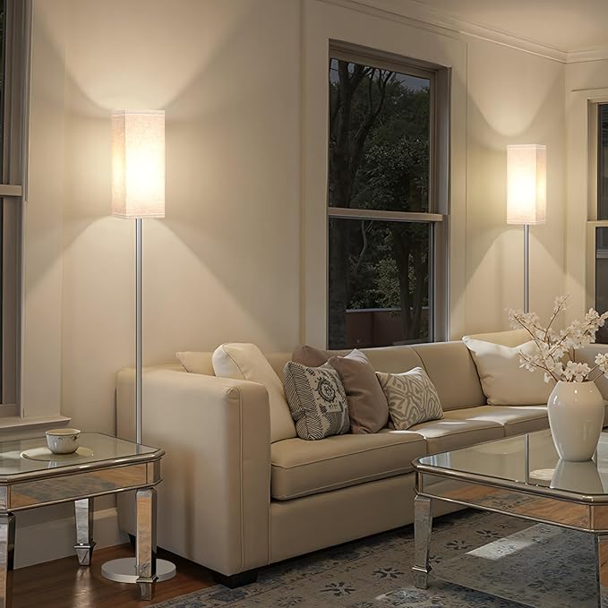 2Pack Floor Lamp, Pole with Foot Switch, Modern Standing Lamp Lamp, Minimalist Freestanding Lamp (Bulb Not Included), for Living Room, Bedroom Office ETL Listed, Silver and Beige SE07LDP205