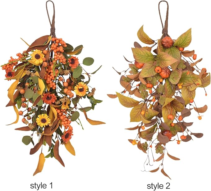 20 Inch Fall Harvest Swag, Artificial Fall Maple Swag Autumn Thanksgiving Day Halloween Decorative Teardrop, Halloween Wall Door Decor Sunflower Berry Fake Wreath (#2)