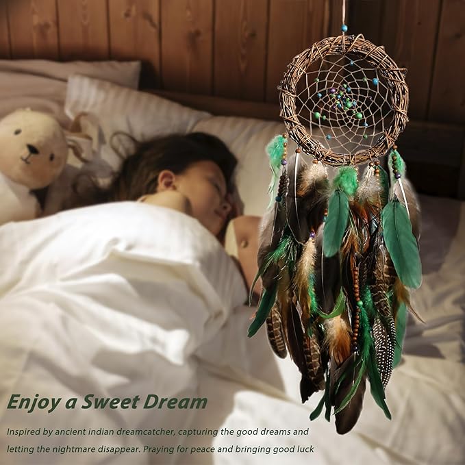 Dream Catcher Native American Boho Dreamcatcher Rattan Wall Decor, Handmade Natural Peacock Feathers Green Colorful Beaded Hanging Oranment Indian Decor for Girls Bedroom (Green Peacock Feather)