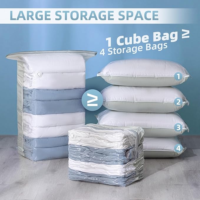 6 Pack Vacuum Storage Bags, Cube Combo (3 Jumbo+3 Medium), Vacuum Seal Bags for Clothing, Bedding, Blanket, Space Saving Closet Organization