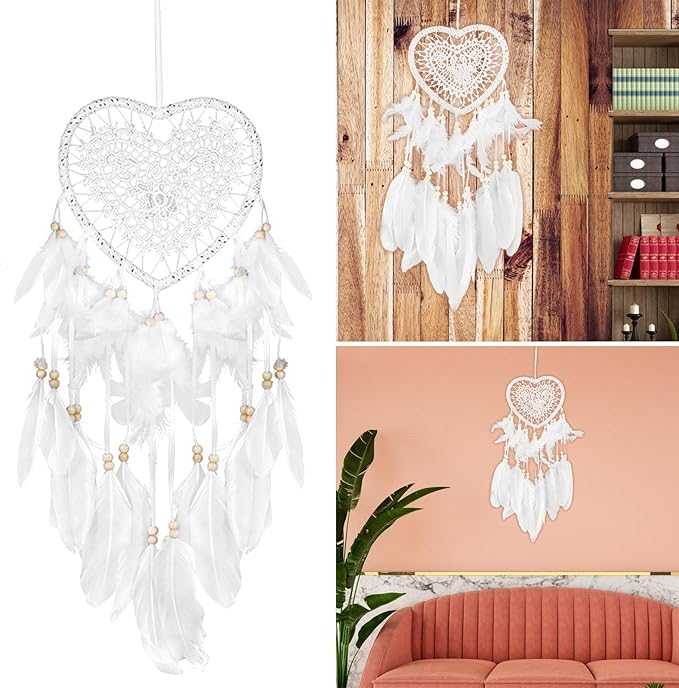 Dream Catcher,Lovely Heart Shape Dreamcatcher Handmade Lace Dream Catcher Feather Bead Wall Hanging Boho Woven Art Ornament Gift Craft Dreamcatcher Wind Chimes for Home Children Bedroom Decor (White)