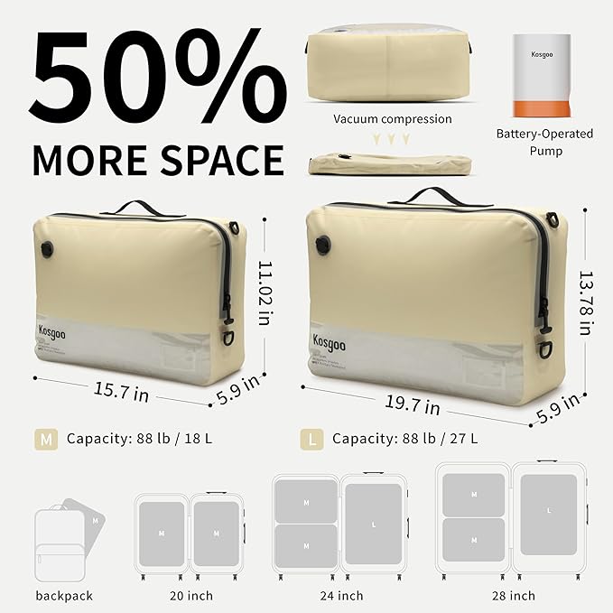 Vacuum Compression Bags for Travel with Pump 180° Open Vacuum Seal Bags for Carry-on Luggage Home Storage, IP67 Waterproof Space Saver Storage Bag (1 Large Pack + Pump Beige)
