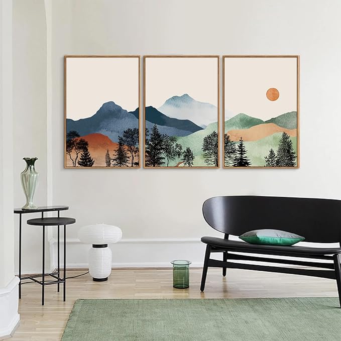 SIGNINART Boho Mountain Framed Canvas Wall Art Set of 3, Watercolor Nature Landscape Art Prints, Modern Sunrise Art Paintings, Green Forest Wall Decor for Living Room, Bedroom, Office 16"x24"x3