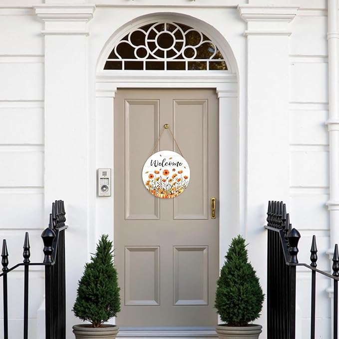 Fall Welcome Sign for Front Door Fall Floral Wooden Door Hanger 12x12 Inch Autumn Wreath for Outdoor Outside Porch Decor Farmhouse Flowers Welcome Hanging Sign for Home Wall Greeting Party