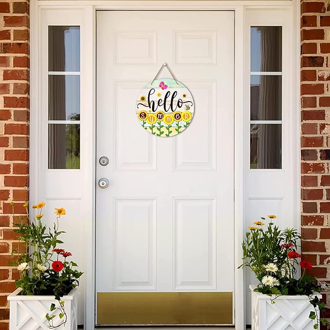 PETCEE Hello Summer Door Sign - 11.5"Farmhouse Sunflower Front Door Decor Welcome Hanger Wreaths for Home Office Summer Hanging Sign Wall Decorations Reusable Seasonal Sign for Kitchen Classroom Porch