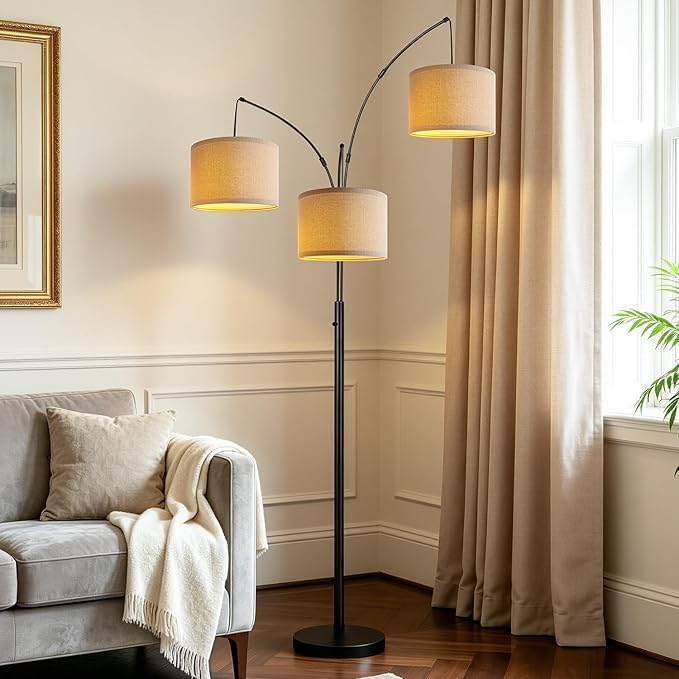 Dimmable 3 Lights Floor Lamp - 3000LM Super Bright Arc Floor Lamps for Living Room, Modern Tall Standing Lamp With Beige Shades, Mid Century Tree Floor Lamp for Bedroom Office, 3 LED Bulbs Included