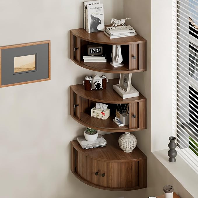 Corner Shelves Wall Cabinet Set of 3, Floating Corner Shelf Organizer with Sliding Doors, Fluted Wall Cabinet for Living Room, Bedroom, Office, Small Space, Walnut (Curved, 15.74“)