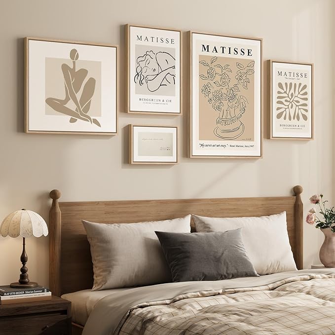 Large Framed Matisse Wall Art Set of 5, Neutral Beige Abstract Geometric Botanical Canvas Prints, Modern Minimalist Wall Decor for Living Room, Bedroom, Dining Room, Hallway, or Office