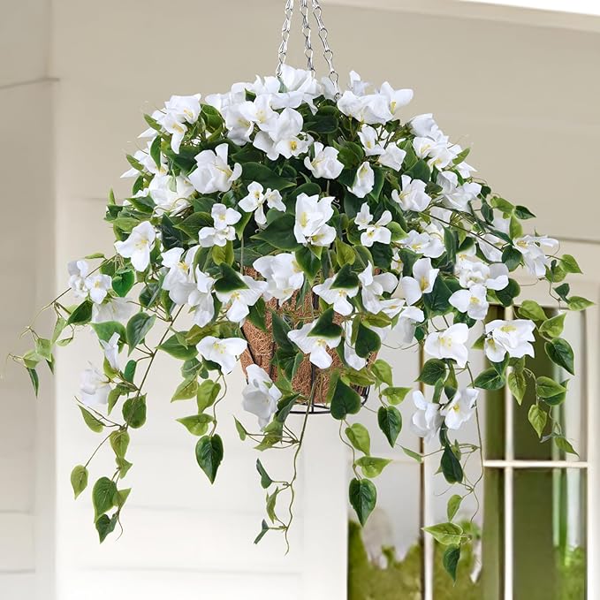 Homsunny Artificial Fake Flowers Plants with Hanging Baskets for Outdoor,4pcs Faux Silk Bougainvillea Silk Vine Flowers for Outdoor/Indoor Artificial Plant for Patio Lawn Garden Decor(White)