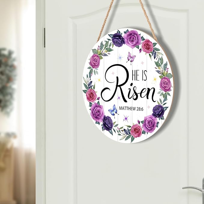 Harooni Easter Wall Hanging Decoration Sign, 12x12 Inch, He is Risen Wreath, Floral, Vertical, Unframed, Wooden, Indoor and Outdoor, Religious Holiday, Entryway