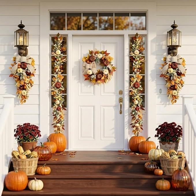 Valery Madelyn 24 inch Fall Pumpkin Teardrop Swag Autumn Harvest Door Hanger with Striped Bow, Mini Pumpkins, Eucalyptus, Raffia & Berry Sprays for Front Door, Mantel Thanksgiving Table Centerpiece