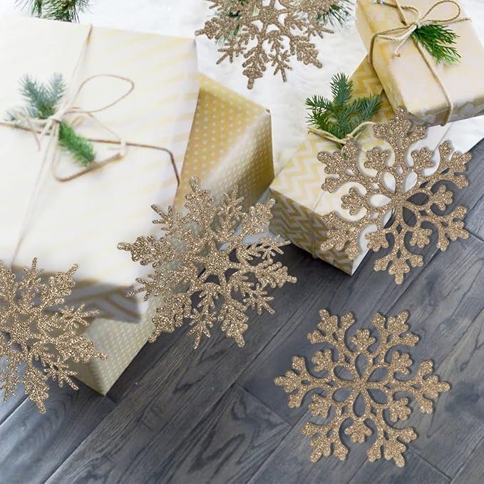 36pcs Christmas Champagne Gold Snowflake Ornaments Plastic Glitter Snow Flakes Ornaments for Winter Christmas Tree Decorations Size Varies Craft Snowflakes