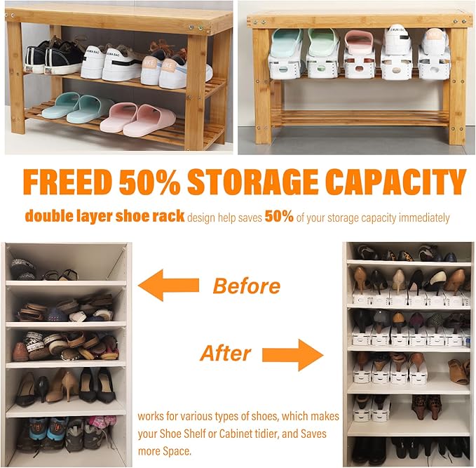 LEIMO Shoe Slots Organizer, 20-PACK Adjustable Shoe Stacker, Double Layer Stack Shoe Holder Space Saver, White Shoe Stacker for Closet Organization, 4310869