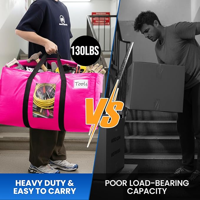 TAILI 2 Pack Pink Extra Large Moving Bags, Heavy Duty Totes with Visible Window, Wrap Around Handles, Space-Saving Storage, Alternative to Moving Boxes