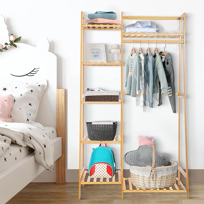 Bamboo Clothes Rack with 7 Tier Storage Shelves Clothing Hanging Stand for Small Spaces Children's Wardrobe Closet, Multifunctional Plant Stand