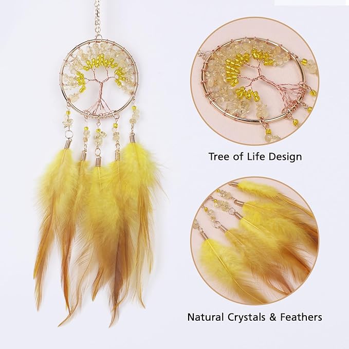 Pretty Jolly Small Tree of Life Crystal Stone Dream Catchers Yellow Feathers Mini Dreamcatchers for Cars Rear View Mirror Hanging Decoration Good Luck Travel Charm Bedroom Ornaments for Women Girls