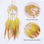 Pretty Jolly Small Tree of Life Crystal Stone Dream Catchers Yellow Feathers Mini Dreamcatchers for Cars Rear View Mirror Hanging Decoration Good Luck Travel Charm Bedroom Ornaments for Women Girls