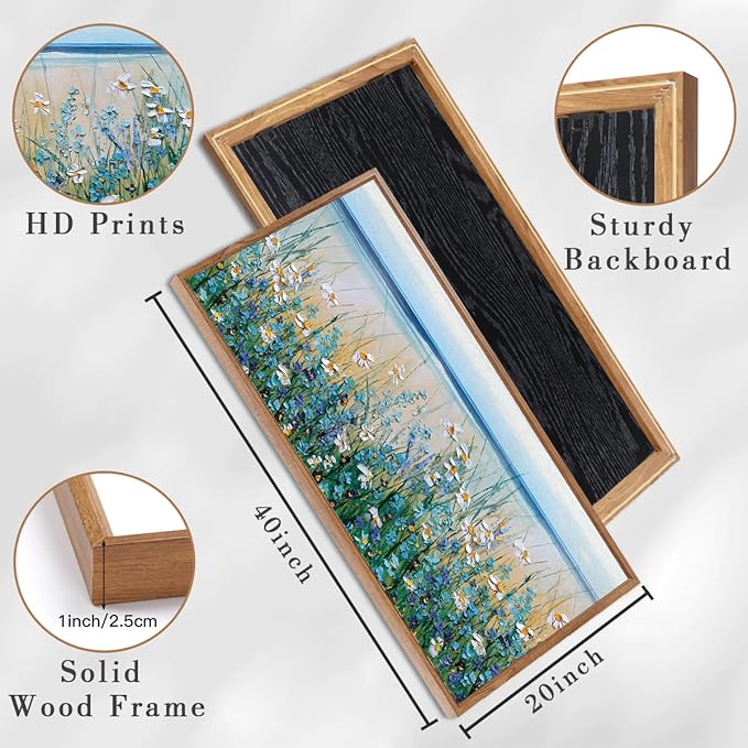Large Blue Seaside Cyan Floral Wall Paintings Wildflowers Blossom Art Prints Framed Blue Flowers Artwork Floral Wall Art Wildflower Wall Pictures for Living Room Bedroom 20x40 Inch