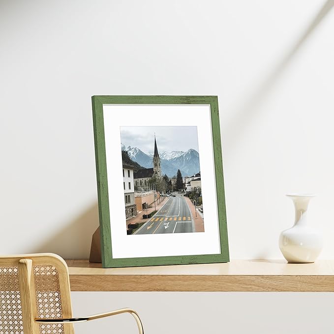 Vittanly 11x14 Picture Frames Set of 9, Shatter Resistant Plexiglass, Display 8x10 Pictures with Mat or 11x14 without Mat, Photo Frames for Wall or Tabletop, Engineered Wood, Rustic Green