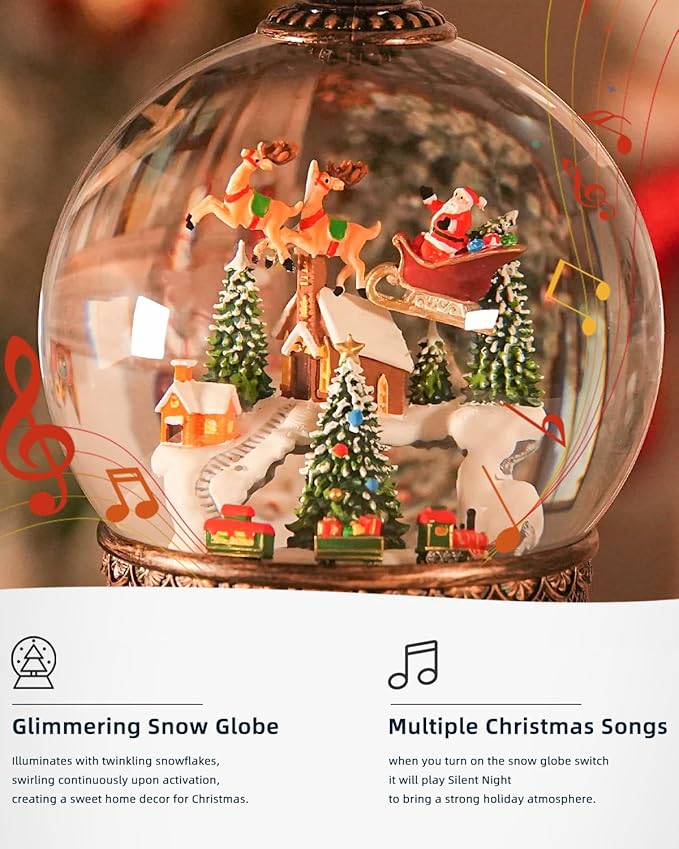 Snow Globe Christmas with Elk, Lighted Christmas Snow Globes with Timer, Swirling Musical Glittering Snowglobe Lantern for Decorations(SnowTrain Elk)