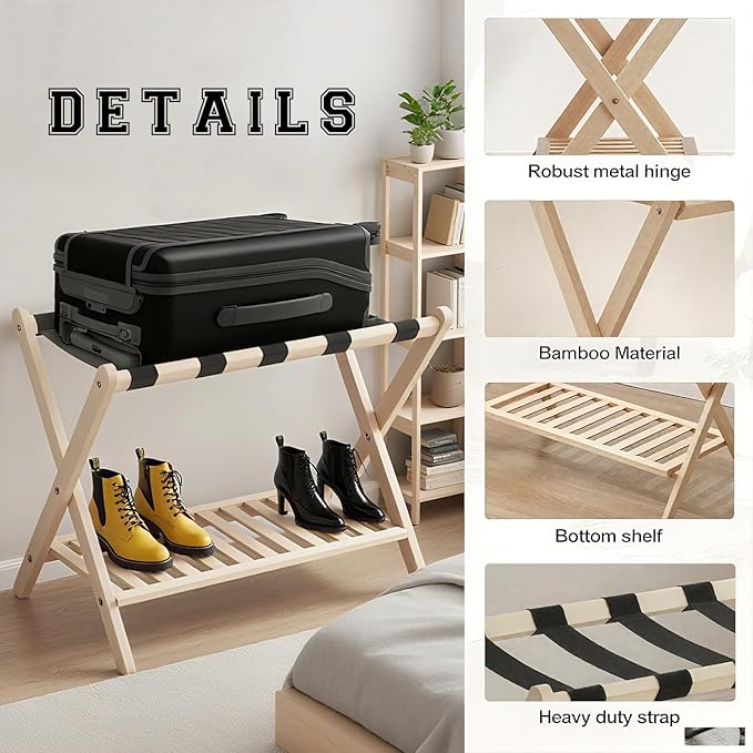 Bamboo Luggage Rack with Shoe Shelf Folding Suitcase Stand with 5 Heavy-Duty Straps for Guest Room Living Room Hotel Ideal Luggage Holder for Suitcases Bags Shoes,Nature