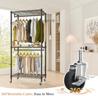 Heavy Duty Rolling Garment Rack, 3 Tiers Wire Shelves Adjustable Freestanding Portable Rolling Clothing Rack with Lockable Wheels, 47.2''L x 15.8''W x 78.8''H, Max Load 650LBS