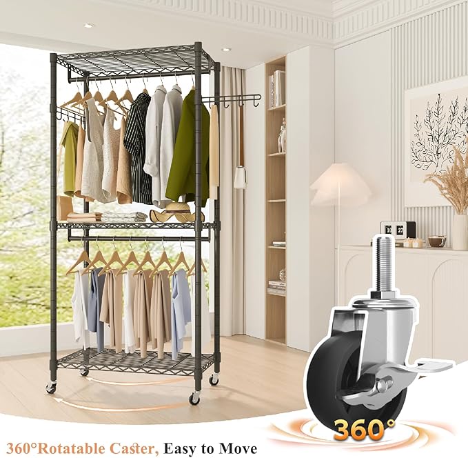 Heavy Duty Rolling Garment Rack, 3 Tiers Wire Shelves Adjustable Freestanding Portable Rolling Clothing Rack with Lockable Wheels, 44.9''L x 15.8''W x 78.8''H, Max Load 600LBS