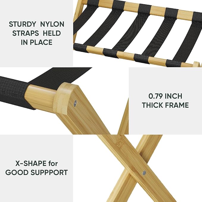 2 Pack Luggage Rack, Folding Luggage Rack for Guest Room, Bamboo Suitcase Stand Holds up to 131 lb, Luggage Stand with Storage Shelf for Hotel, Bedroom