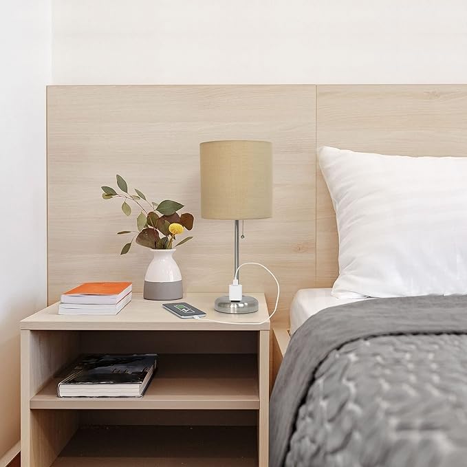Oslo 19.5" Contemporary Bedside Power Outlet Base Standard Metal Table Desk Lamp in Brushed Steel with Tan Drum Fabric Shade