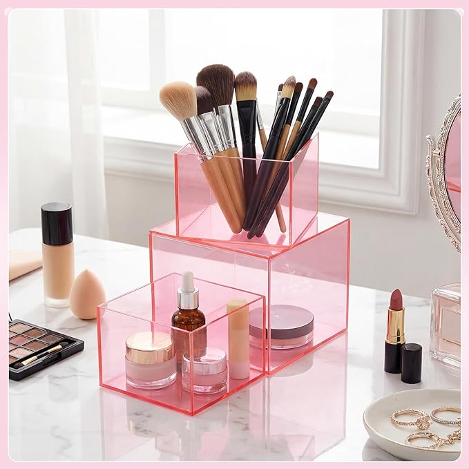 Geelin 6 Pack Acrylic Risers for Display Acrylic Cube Boxes Risers Display Stands with Hollow Bottoms Decorative Stand for Jewelry Candy Table Decor 6 Sizes(Pink,3 to 8 Inch,Square)