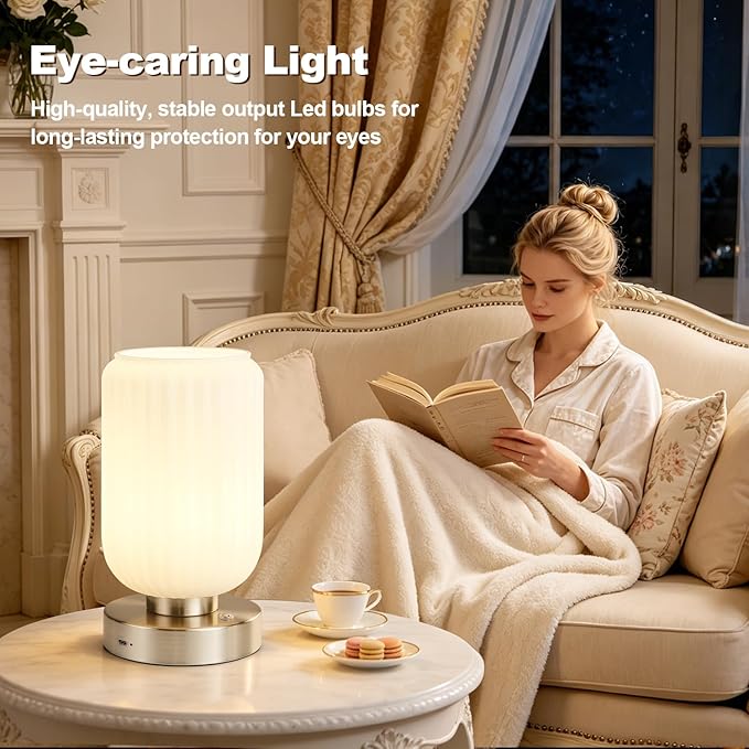 LightRound Cordless Table Lamp for Bedroom, 7500mAh Rechargeable Small Battery Lamp, Modern Touch Dimmable Wireless Lamp Brushed Nickel Base White Glass Shade for Living Room, Desk, Led Bulb Included