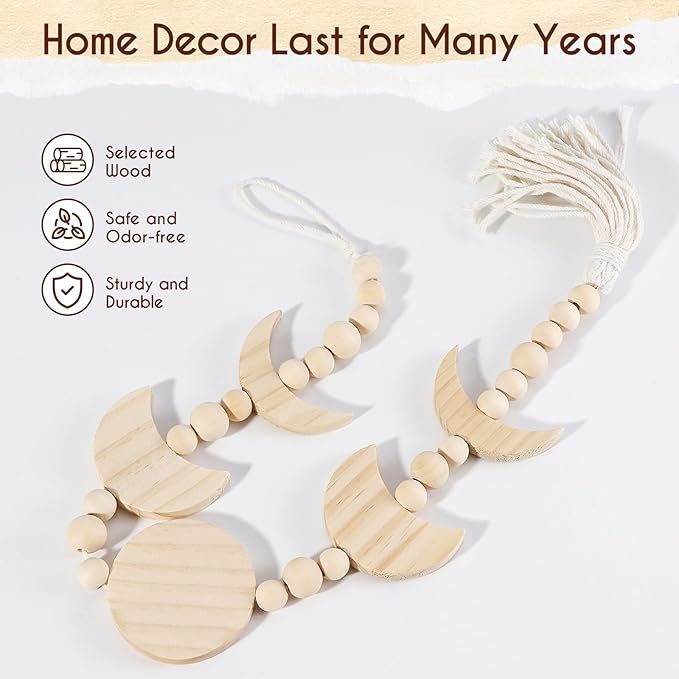 Wooden Moon Phase Wall Hanging, Celestial Bedroom Decor Aesthetic Boho for Home (Beige)