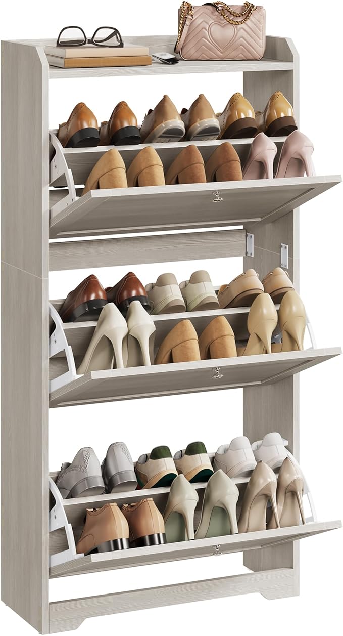 VASAGLE Shoe Cabinet with 3 Flip Drawers, Shoe Organizer, Adjustable and Removable Dividers, Holds 12-20 Pairs, Entryway, 9.4 x 23.6 x 47.7 Inches, Oatmeal Beige ULBC036LN02S