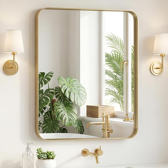 Sweetcrispy Bathroom Wall Mirror, 36x30 Inch Wall Mount Mirror for Over Sink, Modern Rounded Rectangle Vanity Mirrors with Matte Metal Framed, for Home Decor, Living Room, Bedroom, Gold