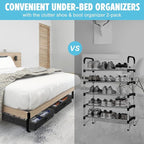 Under Bed Shoe Storage Organizer for Closet, Fits 32 Pairs Underbed Shoes Box Storage Containers Under the Bed Storage Foldable with Sturdy Handles&Clear Window for College Dorms Black, Set of 2