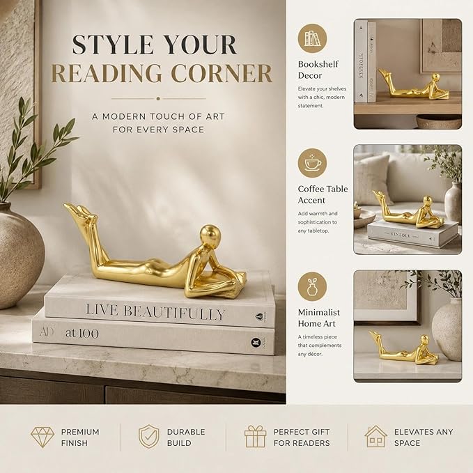 Gold Reading Statue Style A, Abstract Reader Figurine, Resin Book Decor for Bookshelf, Coffee Table, Desk Shelf Decor, Gift for Book Lovers