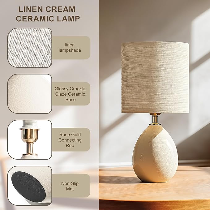 Dawnwake 18.5" Table Lamps Set of 2 for Living Room Bedroom, Bedside Lamps for Night Stands, Desk Nightstand Lamp Dimmable, Modern Linen Cream Ceramic Lamps