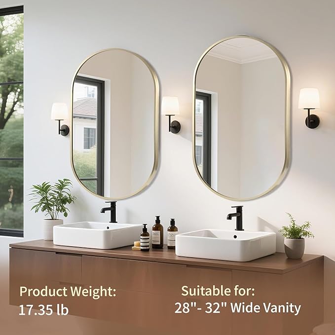 Gold Oval Mirror, 24"x36" Oval Bathroom Mirror, Vanity Mirror with Brushed Metal Frame, Wall Mount Mirrors Decor for Bathroom, Bedroom, Entryway, Living Room(Hangs Horizontally or Vertically)
