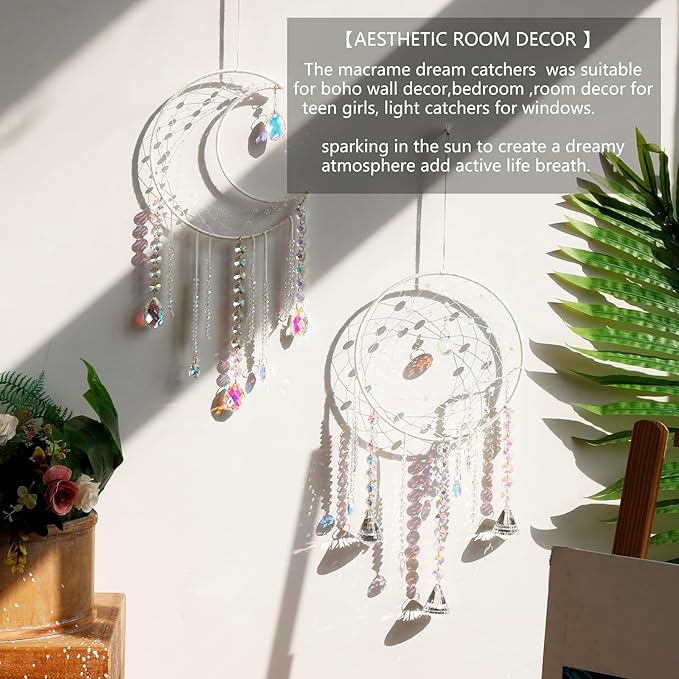 Artilady Dream Catchers with Crystals - Large White Boho Moon Dream Catcher Wall Decor House Decorations for Home Girls Kids Baby Bedroom Room Decor Christmas Birthday Teen Girl Boys Gifts