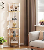 Corner Shelf, 6-Tier Corner Bookshelf, Industrial Corner Ladder Shelf, DIY Storage Shelves, Rustic Display Shelf for Living Room, Bedroom, Kitchen, Home Office, White and Nature Wood Color UJSJ004Q