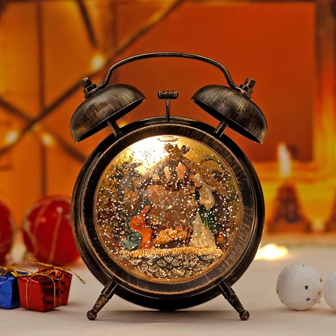 Kikth Red/Bronze Retro Plastic Lighted Musical Snow Globe, Alarm Clock Snow Globe 6H Timer, USB/Battery Operated Christmas Decorations Indoor (Nativity)