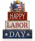 Moucuny 4 Pcs Labor Day Table Decoration Patriotic Worker Wooden Stacked Block Decor with American Flag Topper Happy Labor Day Centerpieces Patriotic Tiered Tray Decor for American Party Home Office
