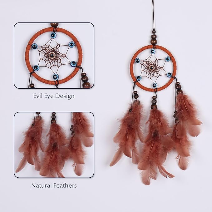 Pretty Jolly Small Evil Eye Dream Catchers Wall Decor Wood Beads Handmade Coffee Feathers Mini Dreamcatchers Home Decoration Ornament for Car Bedroom Birthday Party