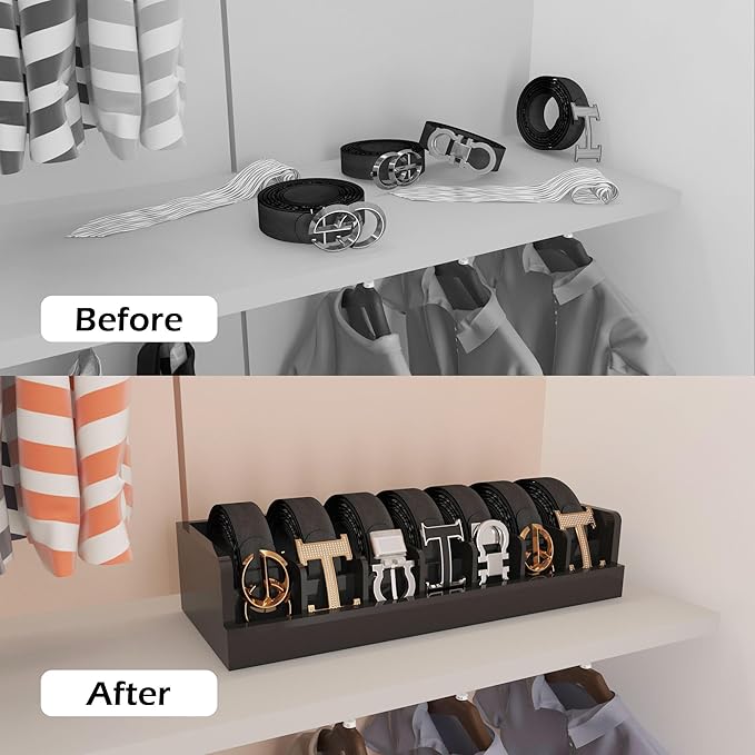 Belt Storage Organizer Box - 7 Grids Bamboo Belt Organizer for Closet | Wooden Belt Tie Hanger Racks for Men Women Drawer | Belt Display Holder Wall Mount with 2 Pcs Tie Clip (Black)