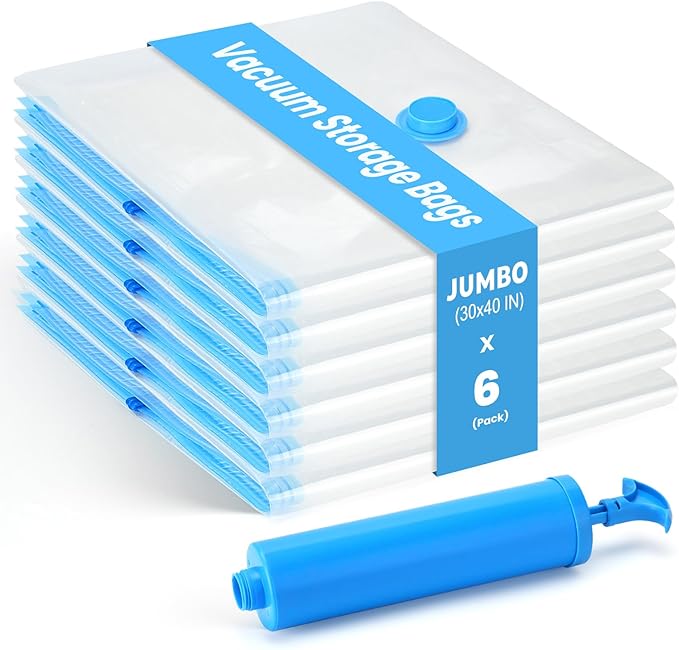 6Pack Thickened Space Saver Vacuum Storage Bags Jumbo for Clothes with Hand Pump, Vacuum Sealed Bags for Clothing, Comforters and Blankets